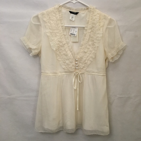 J. Crew Tops - J Crew Ivory Silk Ruffle V-Neck Drawstring Blouse